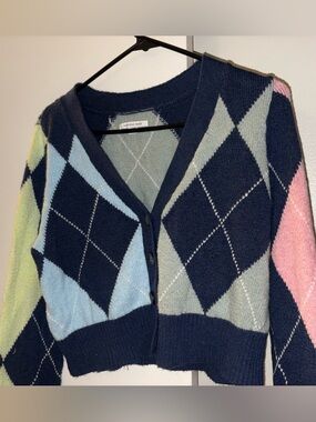 American Eagle Women's Argyle V-Neck Cardigan Sweater - Pink, Light Blue, Lime